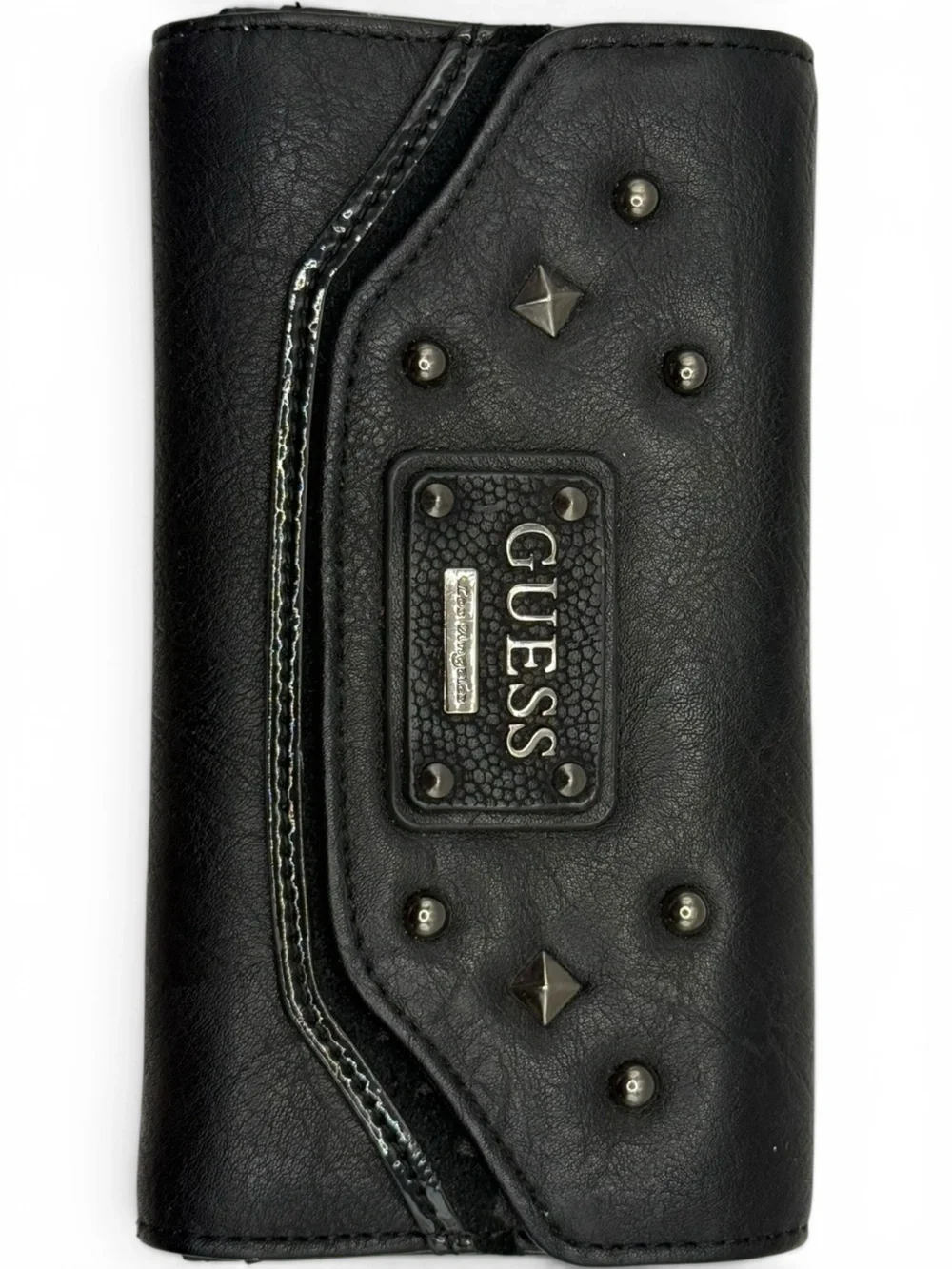 Vintage GUESS Black Studded Logo Flap Checkbook Wallet Y2K